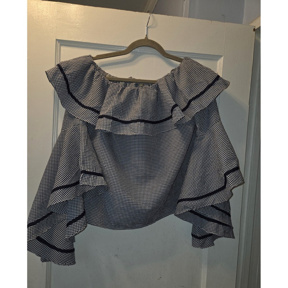 Liquid By Sioni Gingham Ruffle Bell Sleeve Off Shoulder Top M Coastal Retro